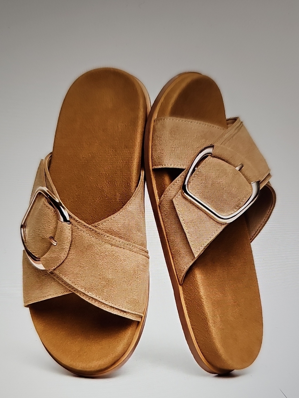 Women's NWT Suede Slide Sandals with Buckle in Tan